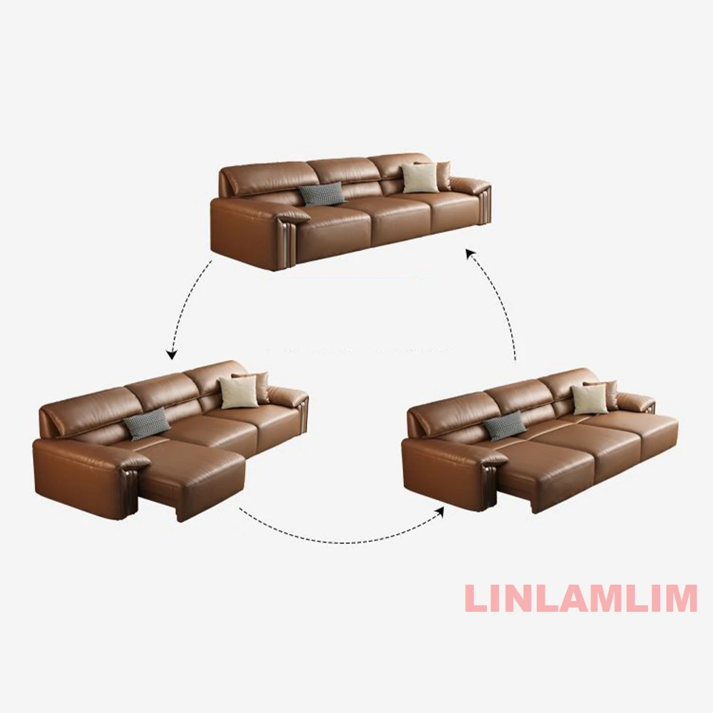 Modern Convertible Genuine Leather Sofa Bed – Multi-functional Electric Sleeper Couch with Adjustable Seats & Wide Chaise Lounge