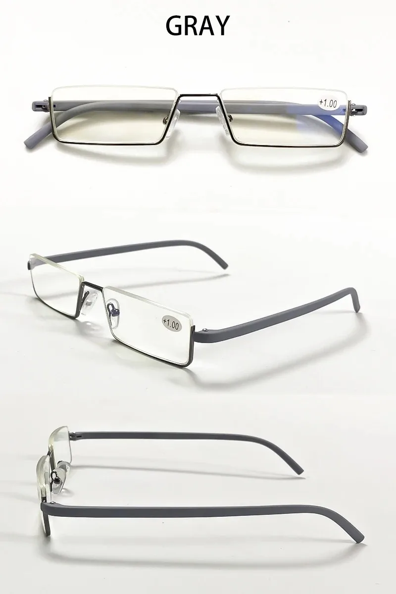 Anti-Blaulicht-Lesebrille für Herren, Retro-Metall-Halbrahmen, quadratische Presbyopie-Brille für Unternehmen, +125+175+225+275 – Detail 22