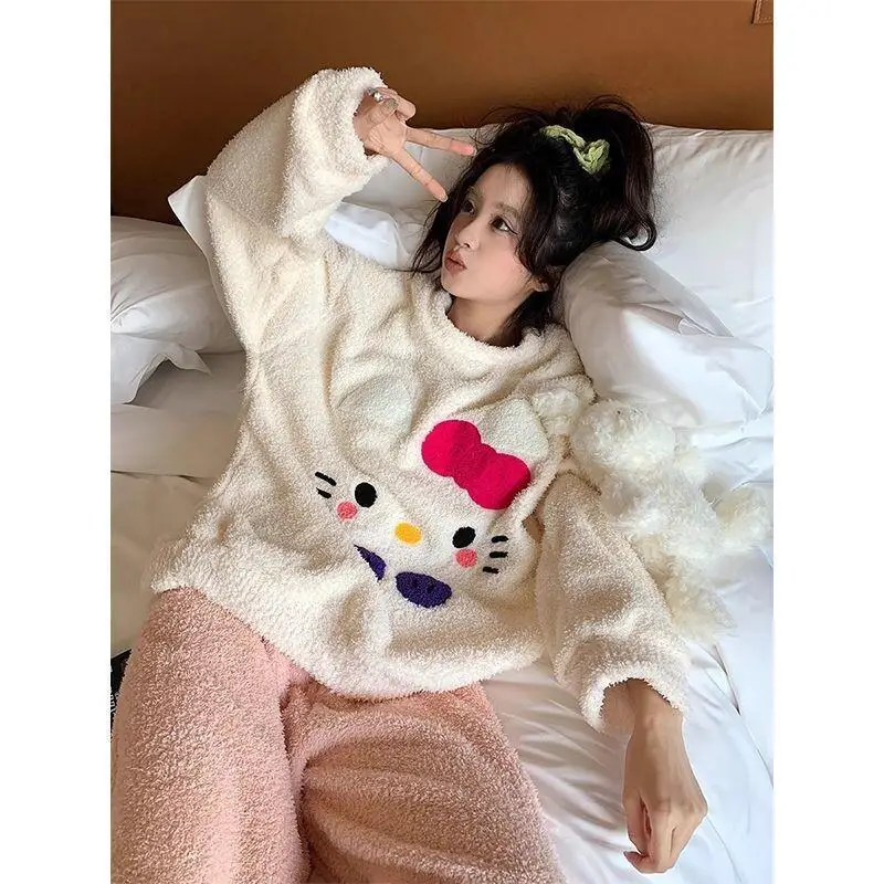 

Комплект пижам Sanrio Hello Kitty из кораллового флиса для женщин: домашняя одежда, повседневная, зимняя, в милом японском стиле, с круглым вырезом, утолщенный, теплый, уютный