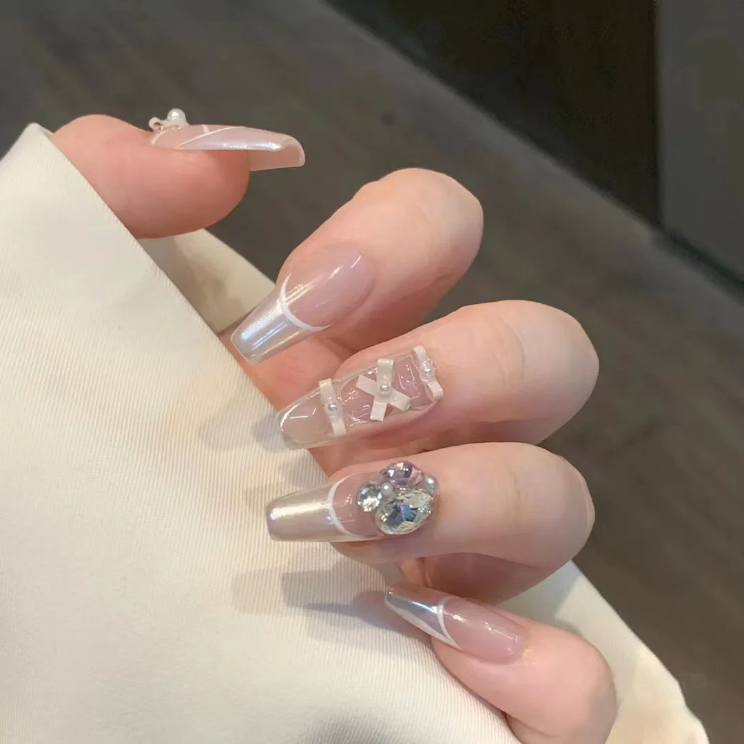 

24pcs French Ballet Fake Nails with Bow Rhinestone Design Long Paragraph Fashion Manicure Fake Nail Patch Press on Full Cover