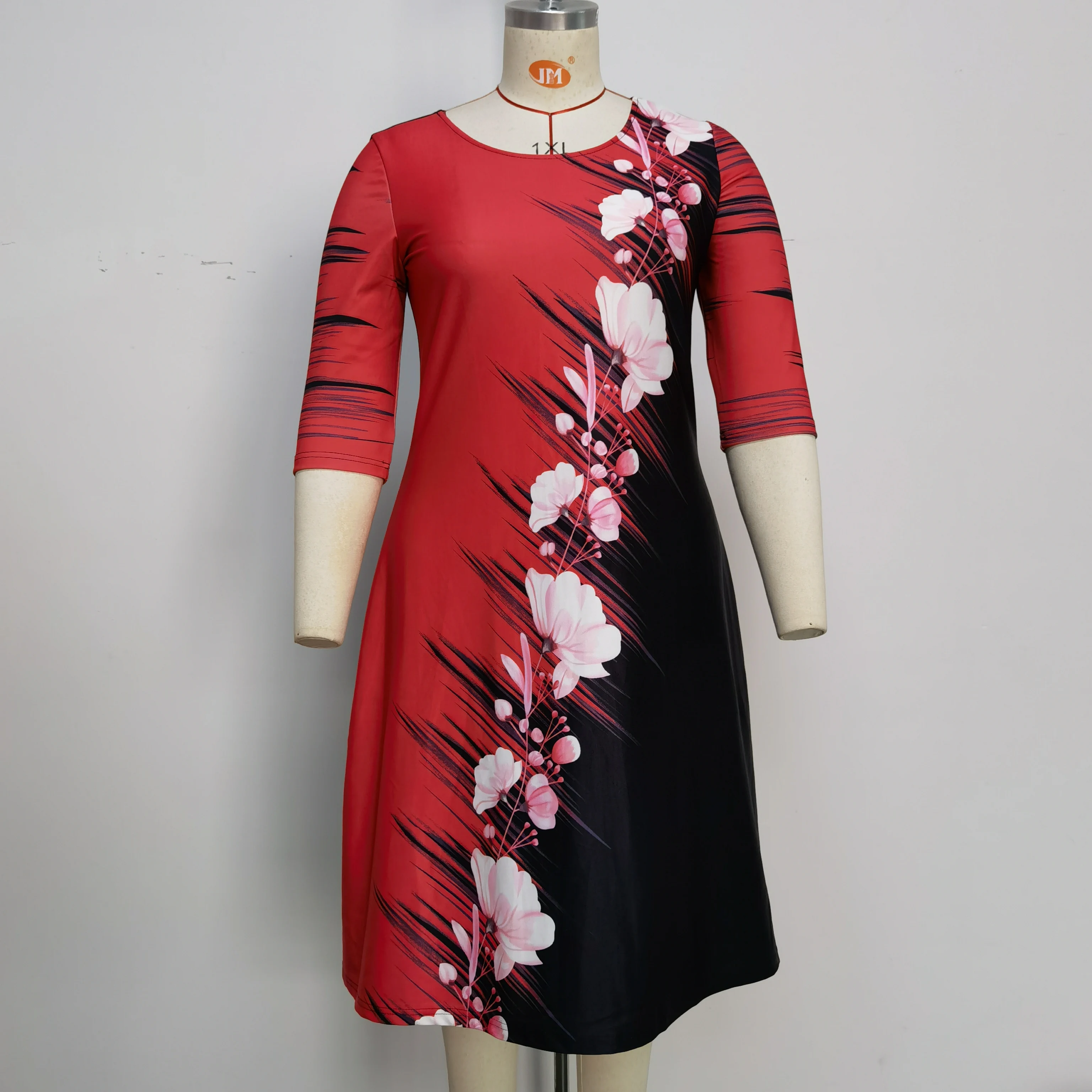 Plus Size New Fashional Three Quarter Sleeve Floral Print Turkey Style African Midi Dresses For Women