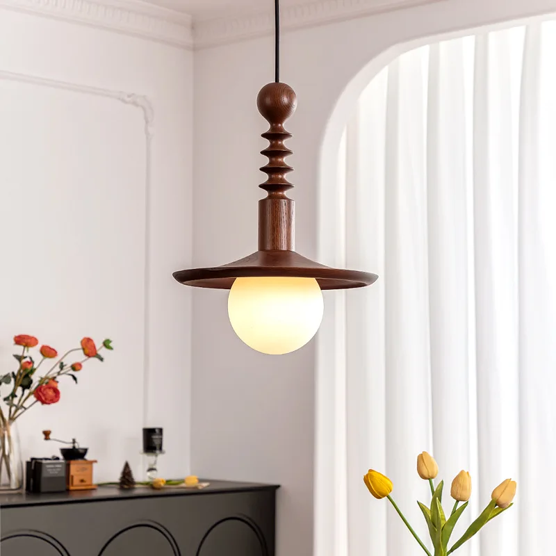 French White Glass Ball LED Pendant Lights Fixture Wooden Hanging Lamps Living Room Bedroom Kitchen Restaurant Retro Chandelier