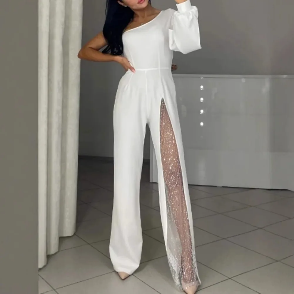 

2026 Autumn Winter Womens Off Shoulder High Slit Jumpsuit Trendy Fashion