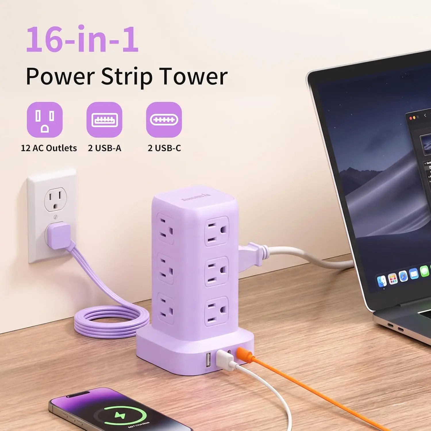 Extension Cord with Multiple Outlets, Power Strip Tower, Extender 12 AC 4 USB, 6.5FT for Home Dorm Room, Office Supplies, Purple