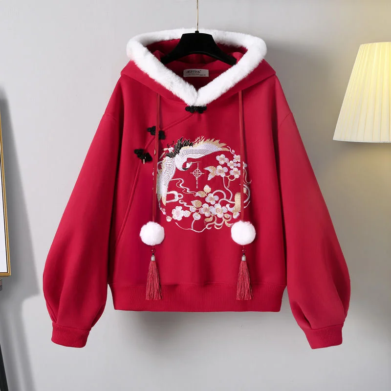 Plus Size Dames Hanfu Winterpak Dames Nieuwjaar Lange mouw Borduren Sweatshirt met capuchon Geplooide rok Tweedelig pak