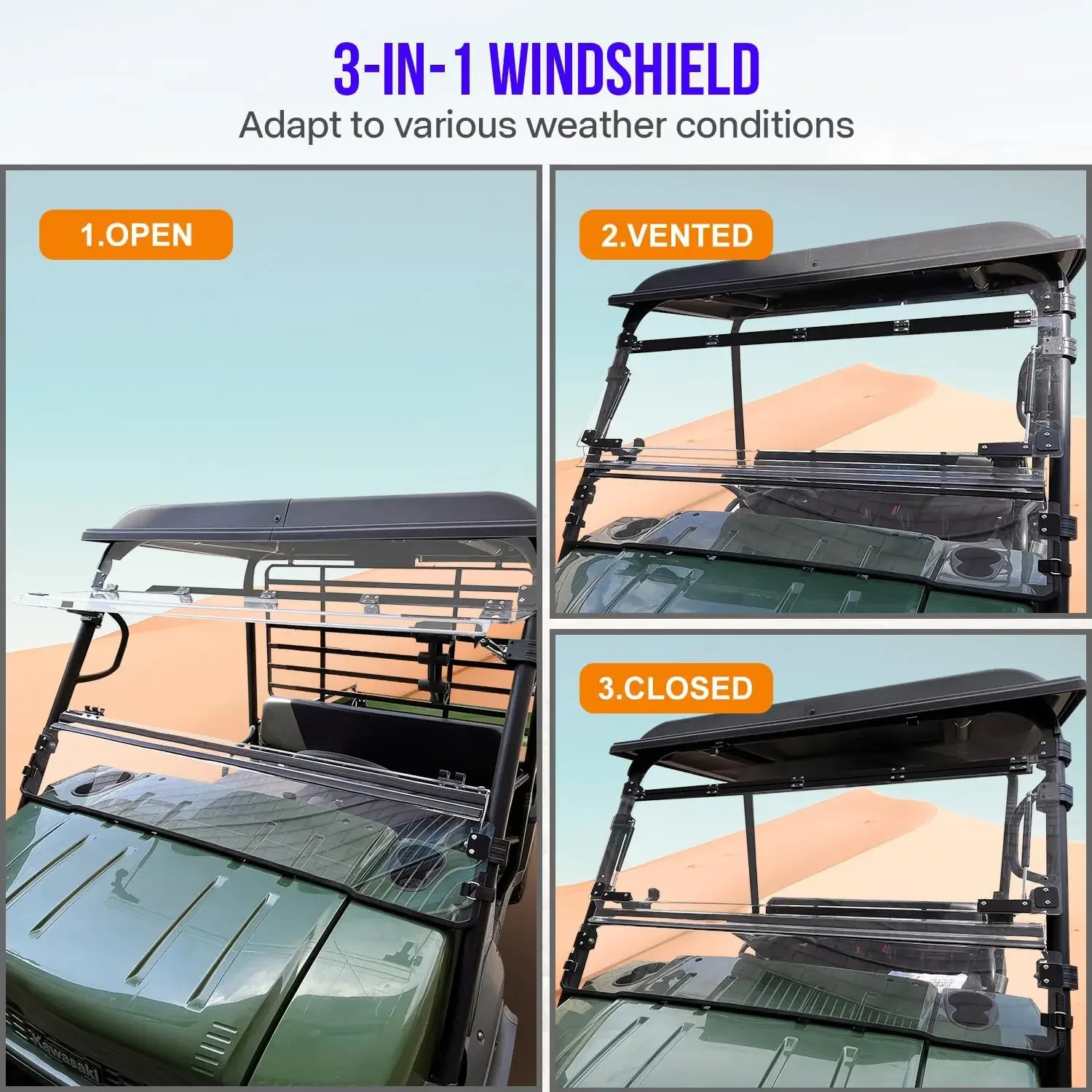 Flip Up Windshield Compatible with Kawasaki MULE 4000 4010 2009+ | 3-IN-1 Front Full Windscreen, 1/5
