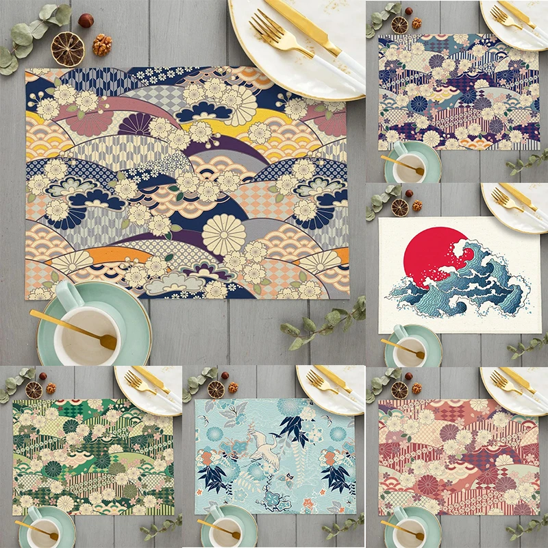 Japanese Traditional Pattern Kitchen Placemat Linen Vintage Luxury Dining Table Mats Coaster Pad Bowl Cup Mat Home Decor