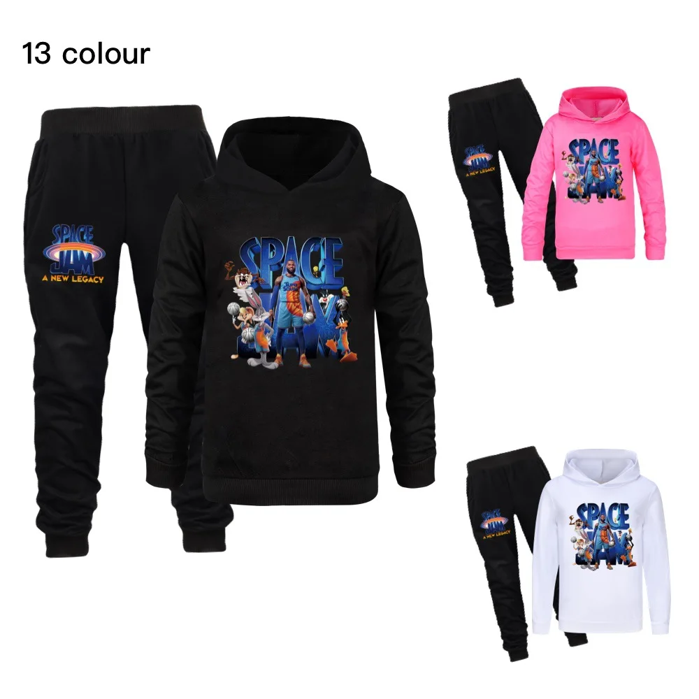 Hot Basketball Space Jam Clothes for Boys T-shirt Hoodies+Pants 2pcs Sets Girls long Sleeve Sweatshirts Kids Clothing Sportswear