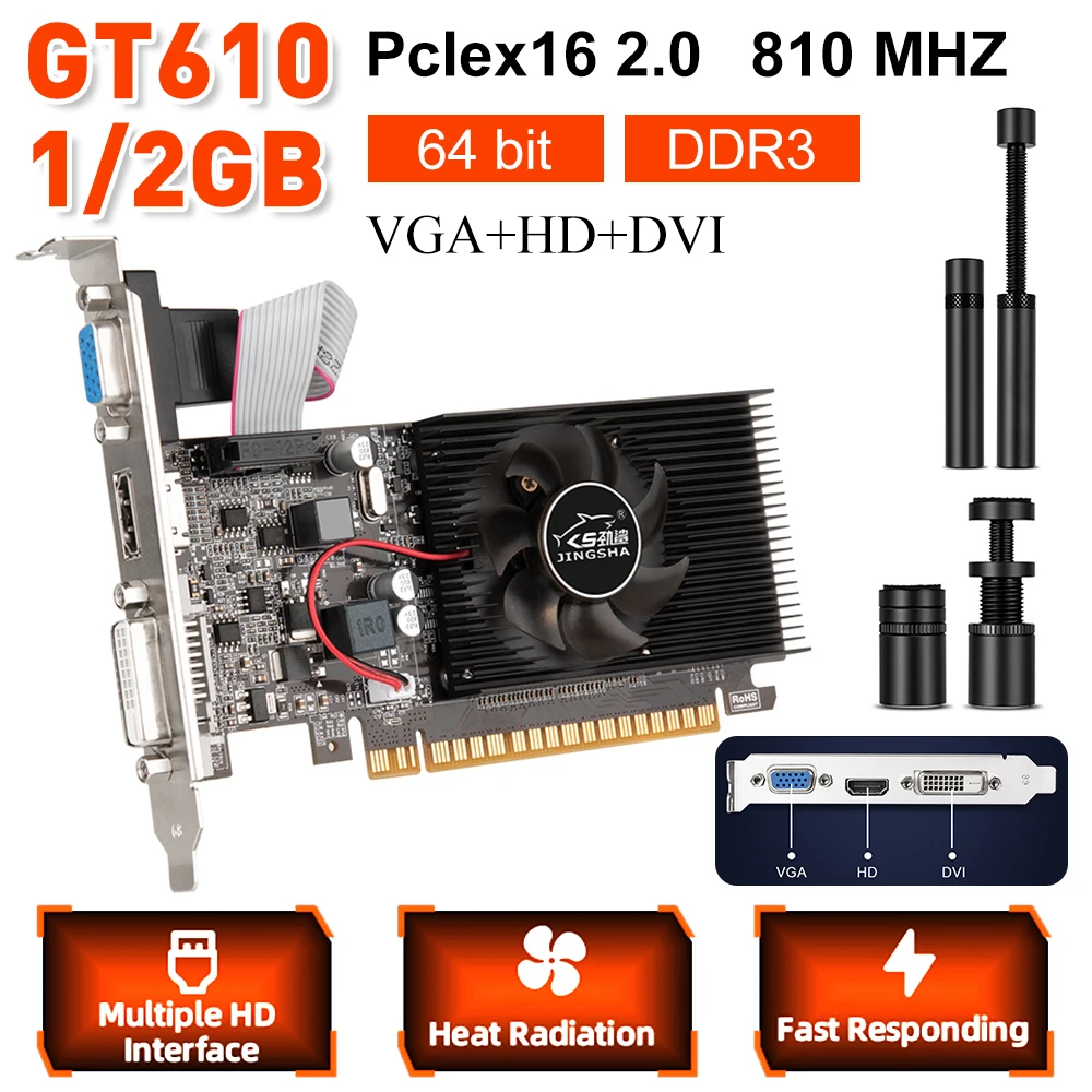 

GT610 Gaming Video Card 810MHZ DDR3 1/2GB Computer Graphics Card HD VGA DVI Interface Replacement for Computer Desktop Game