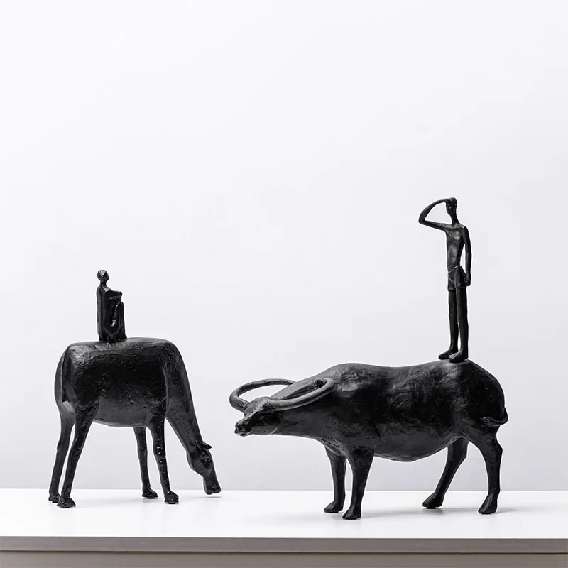 Modern Abstract Resin Crafts Wrangler Porch Desktop Ornaments Living Decoration Room Herd Cattle Black Person Home Decoration
