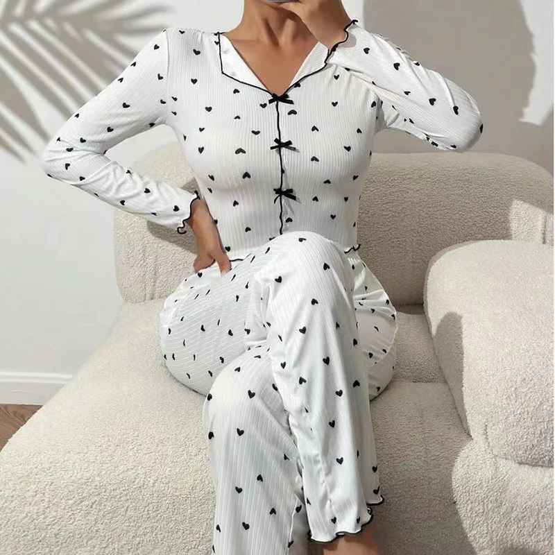 Women\'s Sleepwear Suit Vintage Floral Print  Lettuce Trim Top with Pant Loungewear Full Sleeve Casual Nightwear Pajamas Set