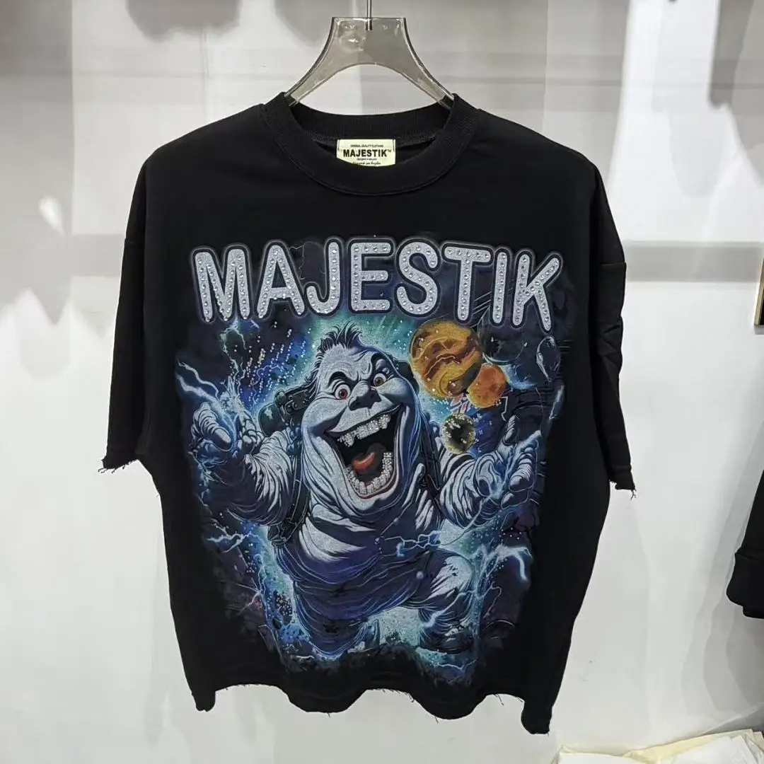 MAJESTIK Rhinestone Logo T-shirt Men Garment Dyed Black Ghostbusters Slimer Print Vintage Oversized Distressed Streetwear Tee