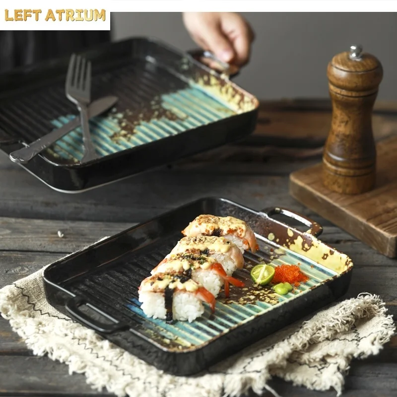 Household baking pan ceramic dinner plate retro oven special binaural bakeware tableware rectangular