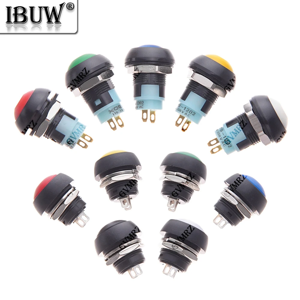 5PCS Blue White 12mm Momentary Waterproof Push Button Switch Red Yellow 12mm Green Mini  Horn1A 250V Self-reset Black DIY 