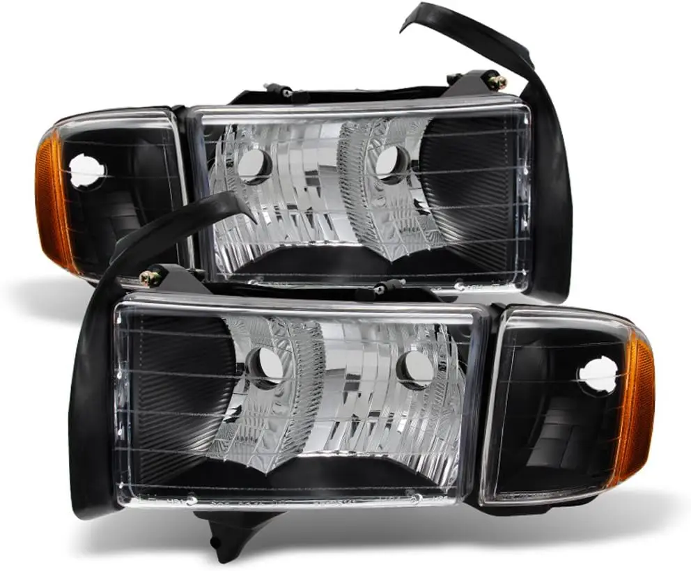 

Sulinso For 1999 2000 2001 Dodge Ram 1500 Sport Model Black Headlights Headlamps w/Corner Lights Pair Set Left+Right