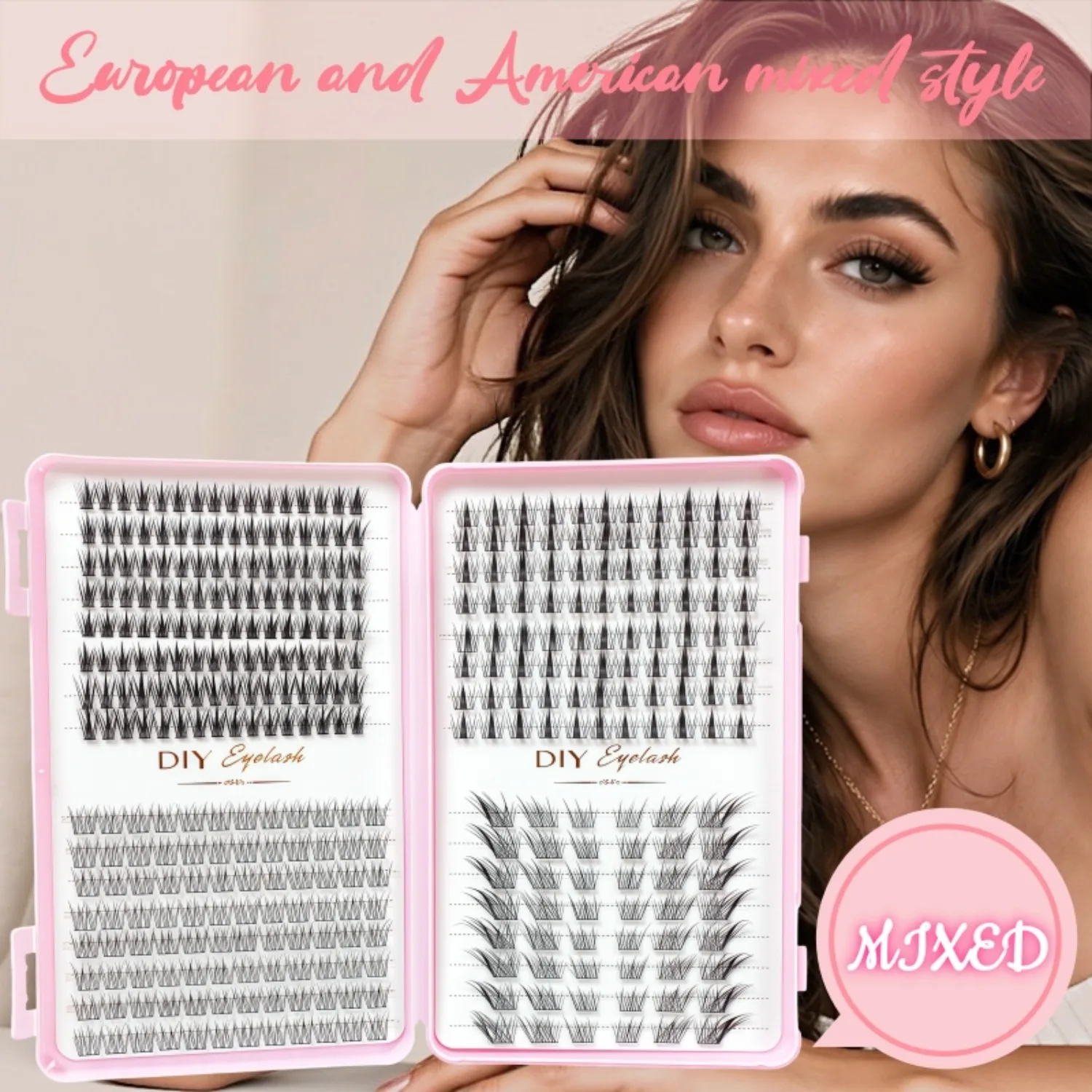 Large Capacity Pink Storage Eyelash Book with Multiple Styles, Mixed Clustered False Eyelashes, Natural and Thick, Dual-Use