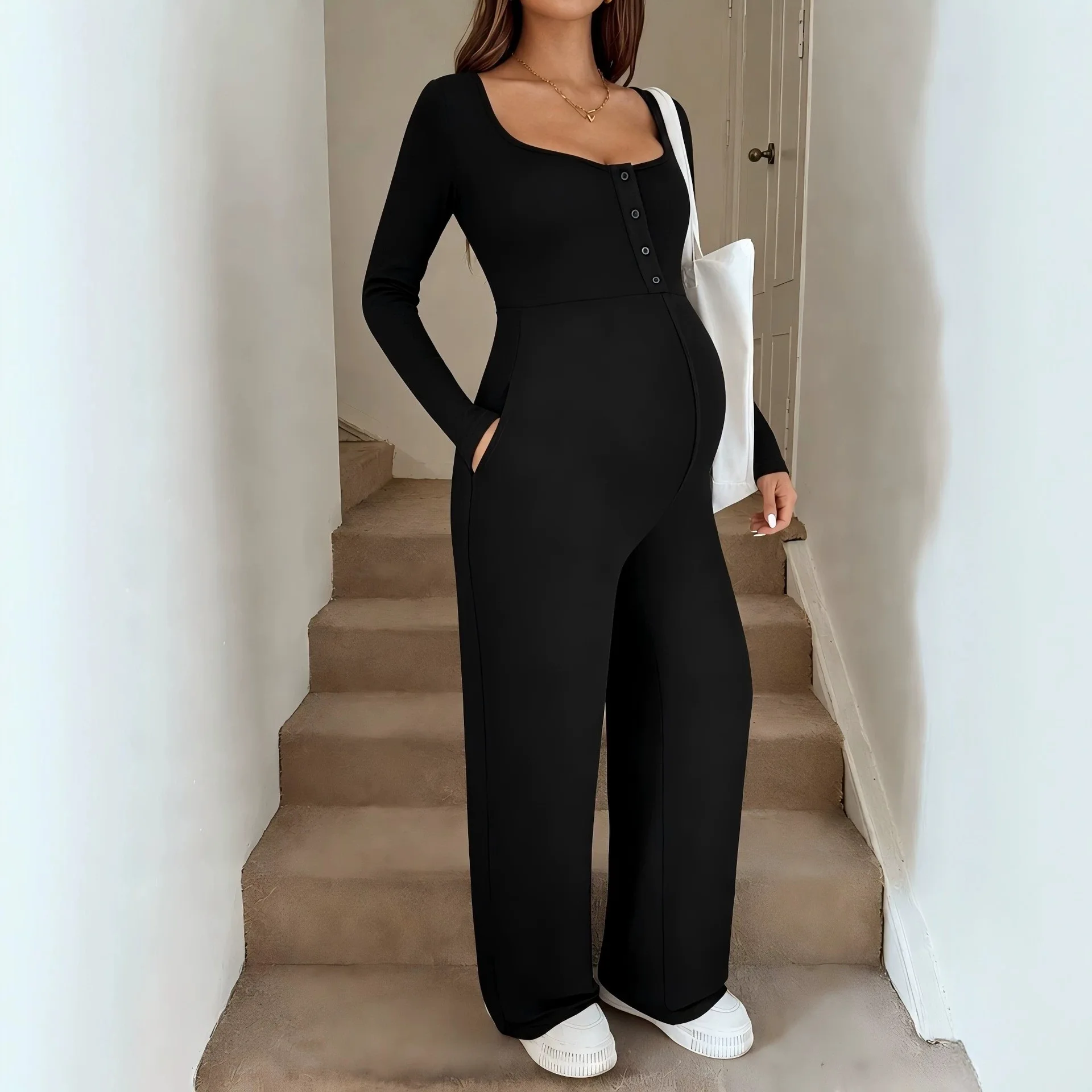 Maternity Knit Jumpsuit with Square Neck & Long Sleeves Nursing-Friendly Comfortable Fall/Winter EU/US Bib Pants Overalls