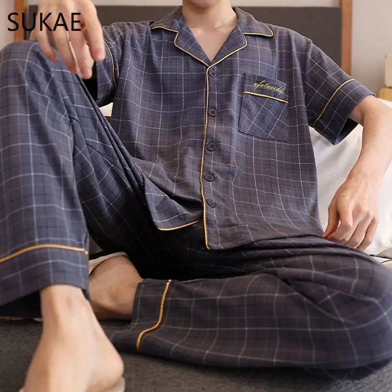 SUKAE Gentleman Sleepwear Summer Autumn New Cotton Turn-down Collar Mens Pajamas Set Leisure Plaid Casual Loungwear Pijamas