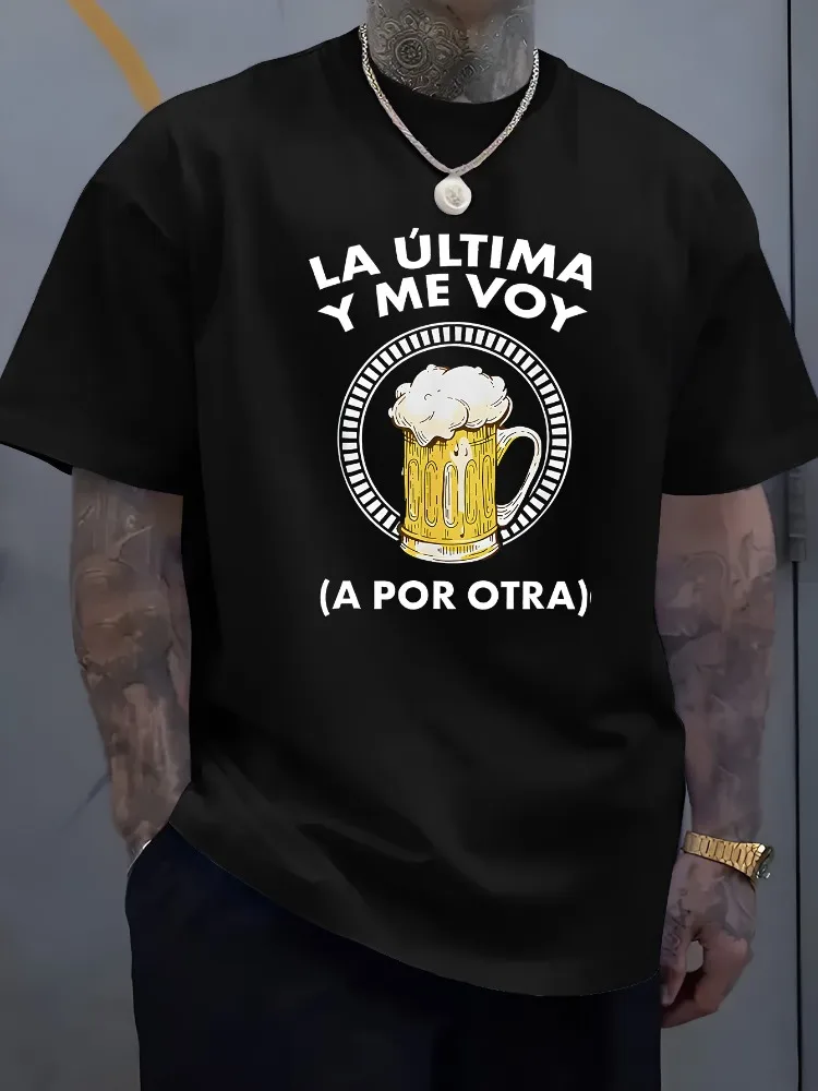 Men Dark Gray Cotton Crew Neck Tee Spanish Beer Mug Text Print Loose Short Sleeve Bar Party Drinking Casual Summer Mens Shirts