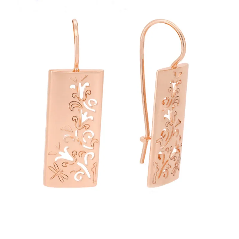 

FJ Women Big Wide Square Without Stone Patterned 585 Rose Gold Color Earrings Jewelry