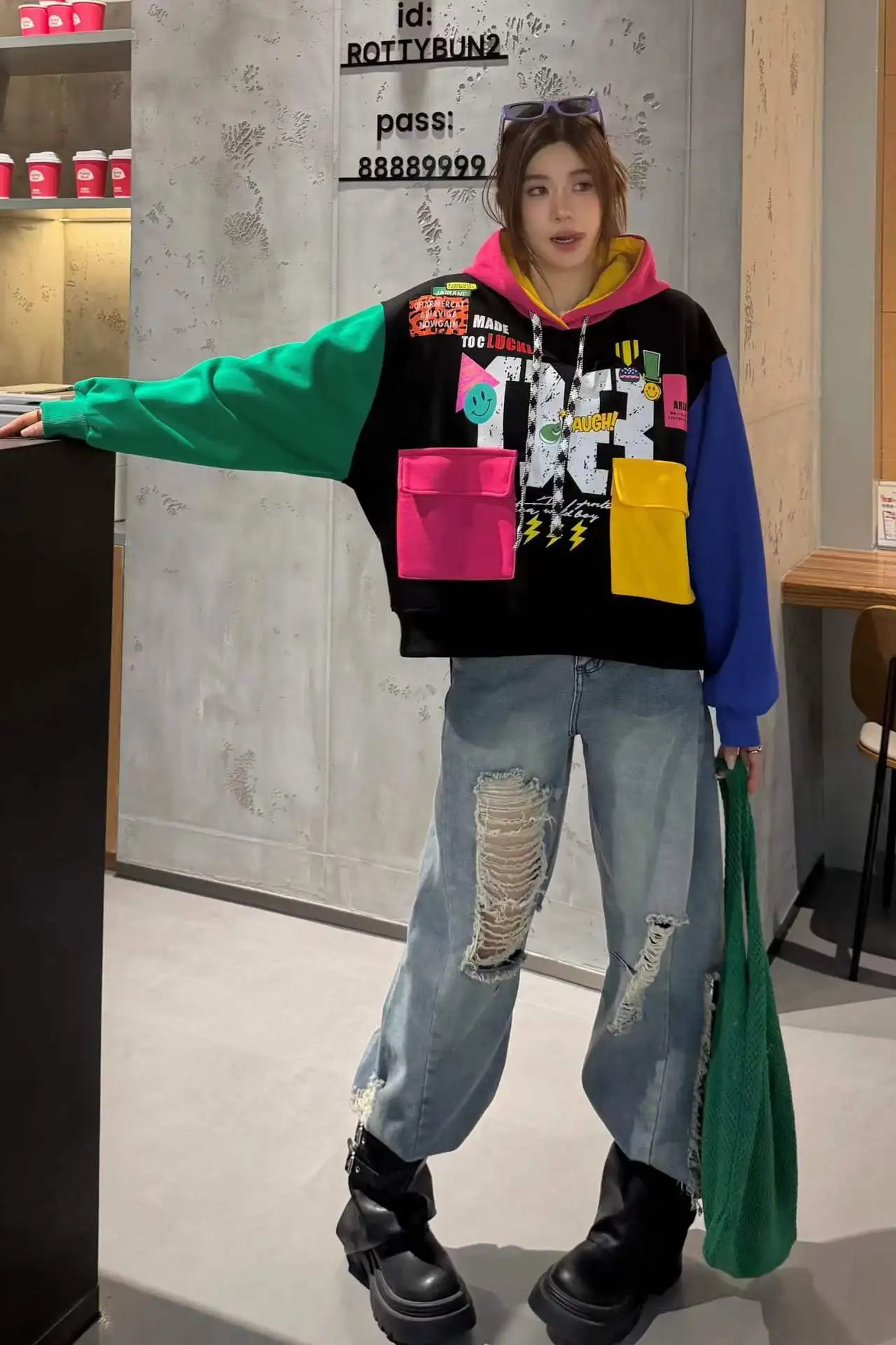 Multicolour Patchwork Pocket Oversized Hooded Sweatershirts Woman 2026 Autumn Casual Pullover Outwears Vestidos Tops Bust138cm