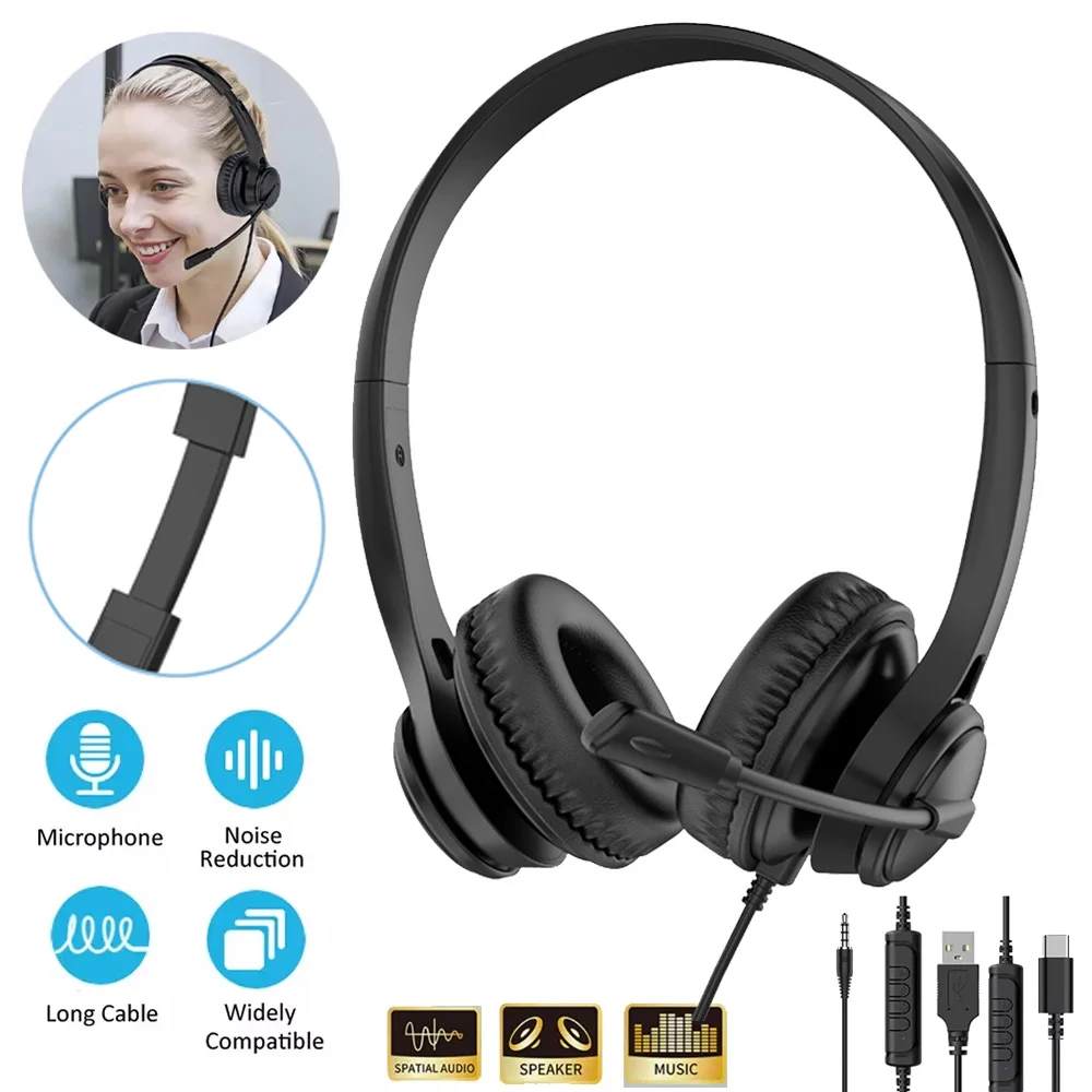 Call Center Wired USB Headset Headphones With Noise Cancelling Microphone Over Gaming Headphones 3.5MM Wired Headset For Compute