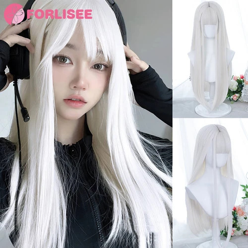 FORLISEE peluca blanca sintética de pelo largo para mujer cubierta completa para la cabeza Lolita japonesa Cos Air Bang cubierta de peluca de pelo largo y liso