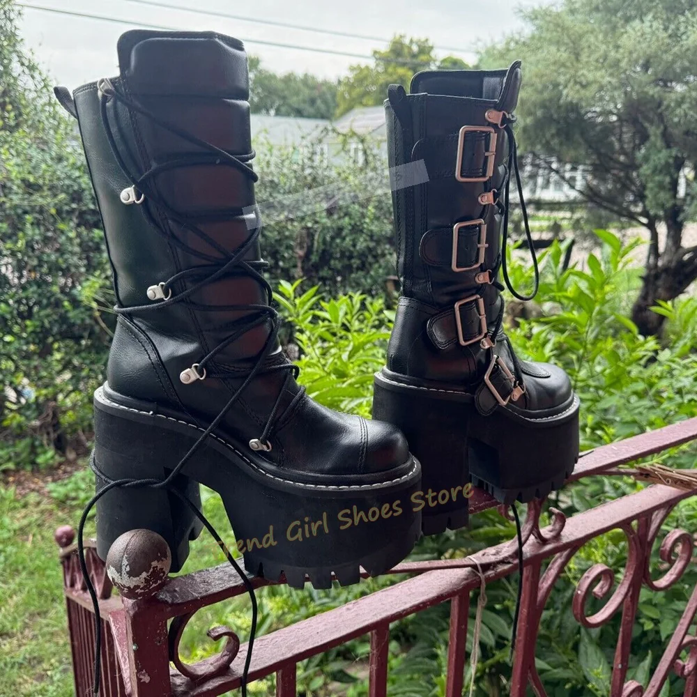 

Новые стильные ботинки на толстой подошве с металлическими пряжками, перекрестными ремешками, круглым носком, массивным средним каблуком, осенние женские ботинки до середины икры, дизайнерские