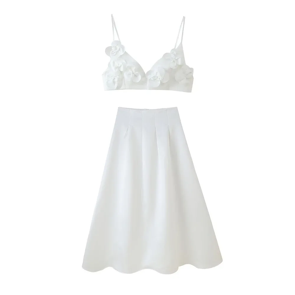 VEITCHE الربيع الصيف النساء الوردي زهرة اقتصاص تنورة مجموعة موضة عالية الخصر تنورة طويلة 2 قطعة دعوى مهنة الشاطئ الزي