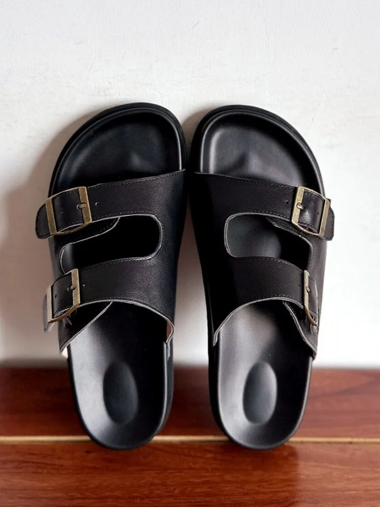 Retro Open Toe Genuine Leather Buckle Platform Slippers Versatile Solid Color Cowhide Slip On Height Increase Female Footwear
