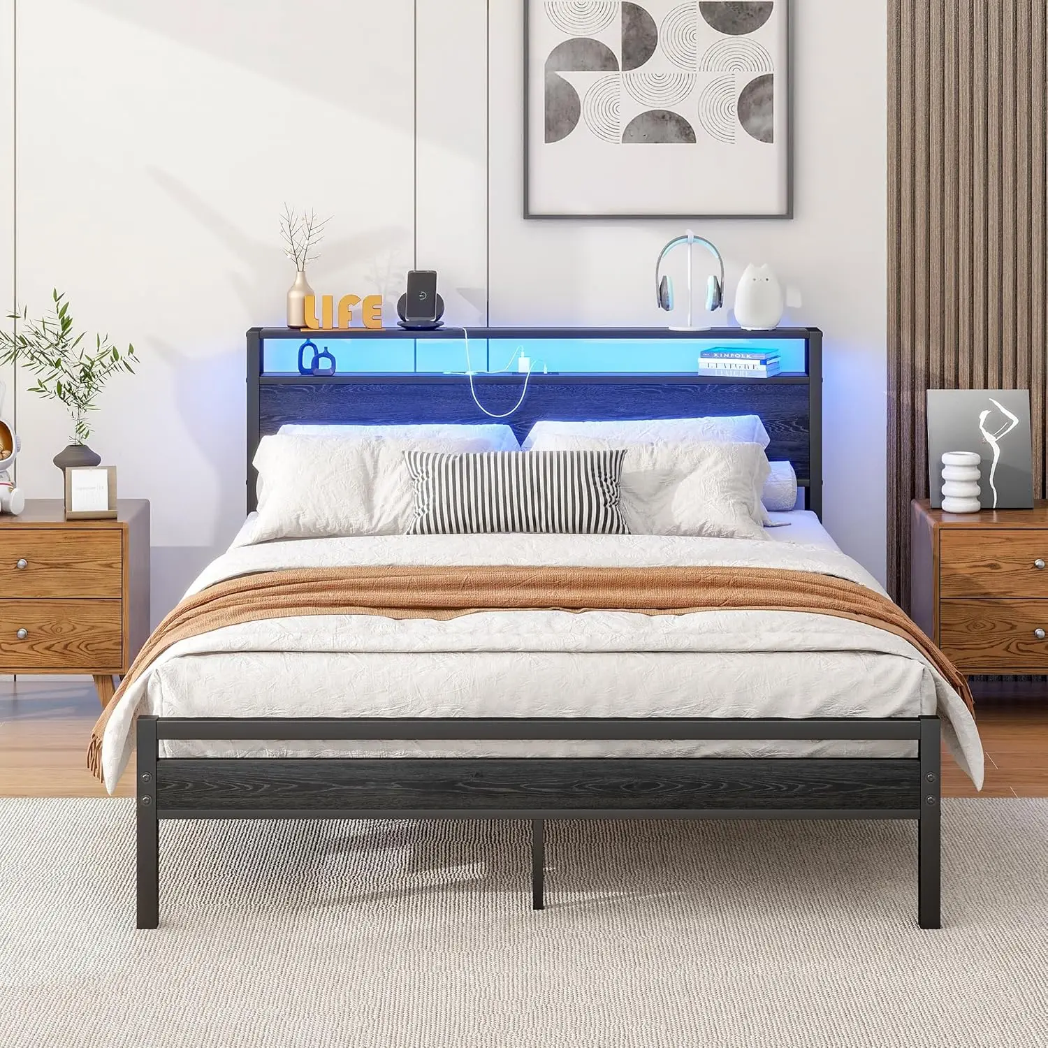 Queen Bed Frame With Storage Headboard/Led Lights,Metal Platform Bed Frame Queen Size With Storage Charging Station,Queen Bed