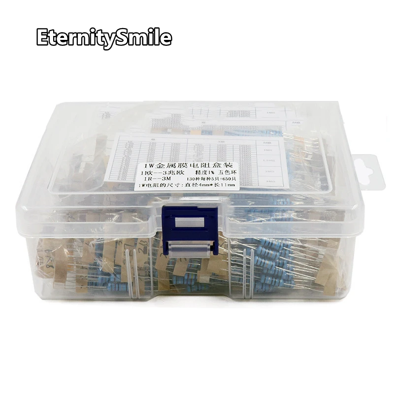 

650PCS 130Values* 5PCS 1% 1W Resistor Pack Set Diy Metal Film Resistor Kit Use Colored Ring Resistance (1 ohms~3 M ohm)