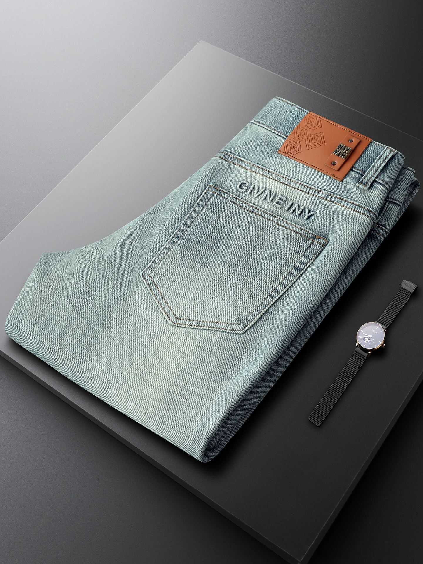 

Light Luxury Retro Light Blue Men's Jeans Spring New Slim Straight Leg Pants Pleated adient Casual Long Trousers