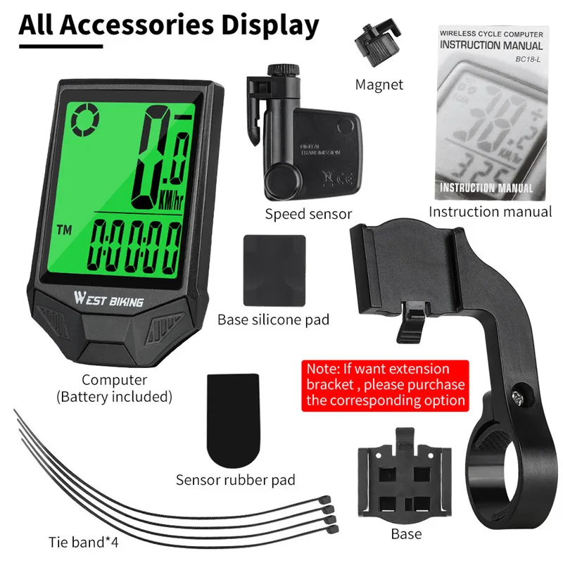 WEST BIKING Bike Wireless Computer Waterproof Multifunction Riding Bicycle Odometer Cycling Speedometer Stopwatch Backlight