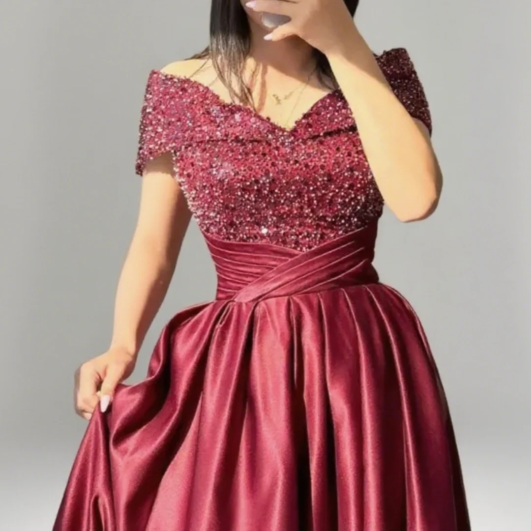 Nuevo vestido de noche Formal brillante elegante con lentejuelas y hombros descubiertos vestido de fiesta árabe vestido de fiesta de boda personalizado