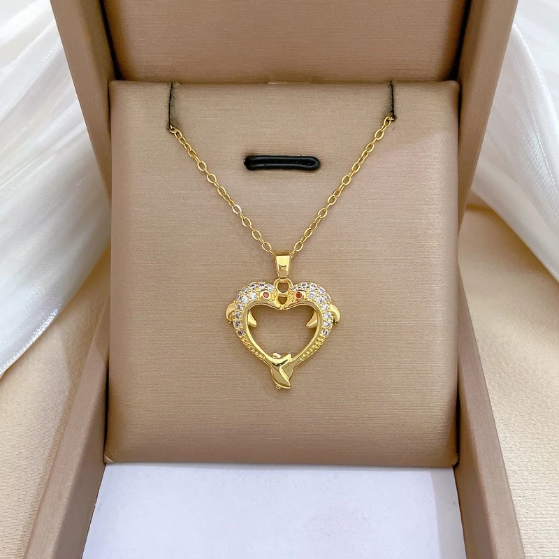 Stainless Steel Chain Necklace Romantic Double Zircon Dolphin Love Heart Pendant Necklaces for Women Jewelry Gifts for Lover