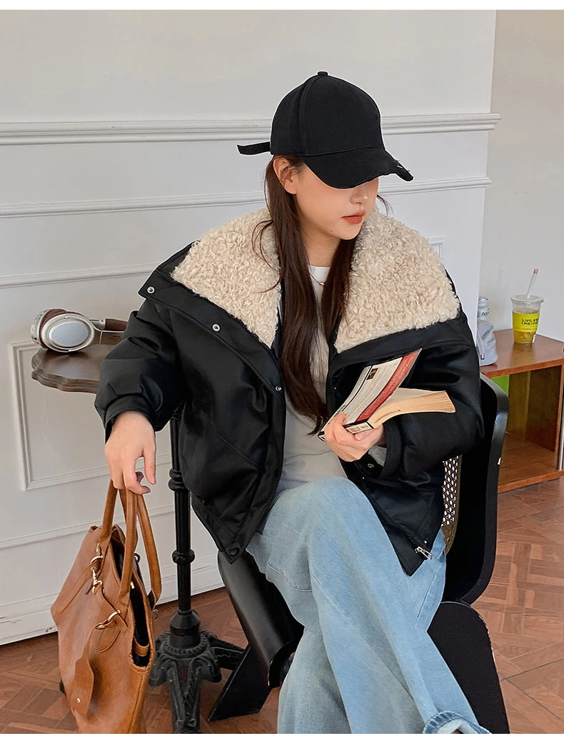 2026 Winter New Thick PU Leather Coat Women Cropped Fluffy Lapel Collar Padded Jacket Female Zip-up Streetwear Cool PU Parkas