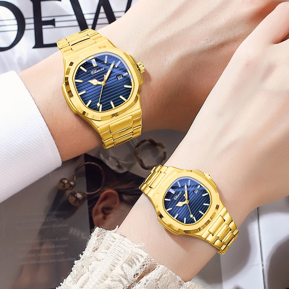 CHENXI Quartz Men Women Watches Golden Simple Steel Strip Couple Watch Night Light Waterproof Calendar Couples Wristwatches