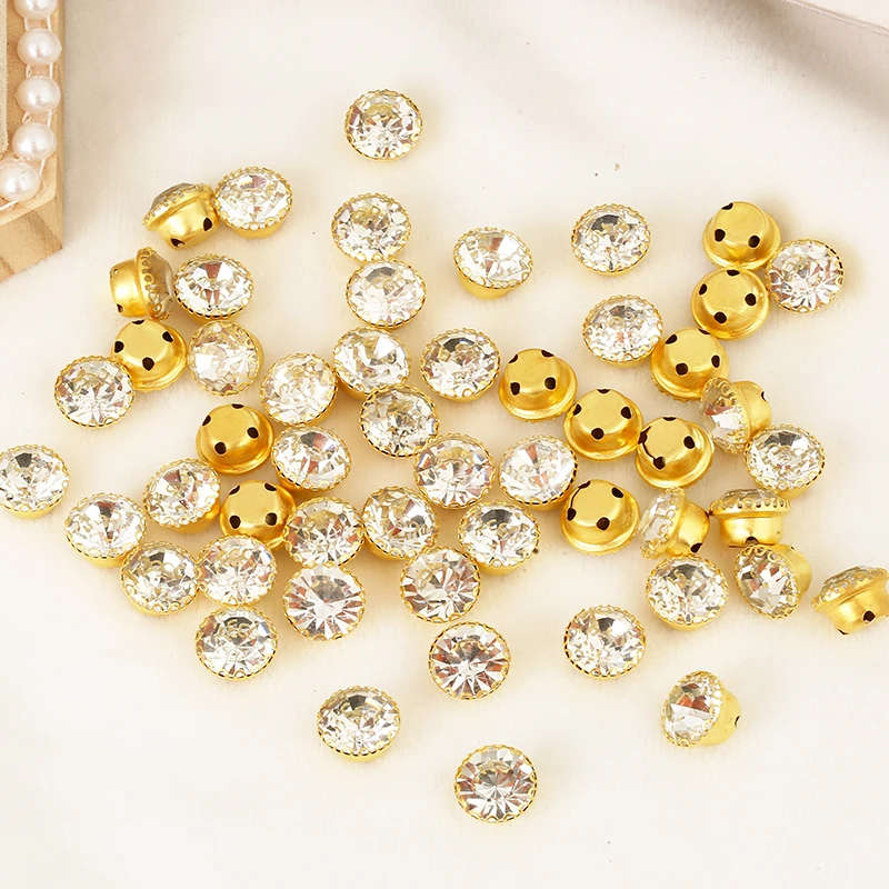 RESEN 6/8/10mm Sew On Round Rhinestone Gold/Sliver Flower Claw Glass Clear Crystal Rhinestone with Holes DIY Garment Accessories