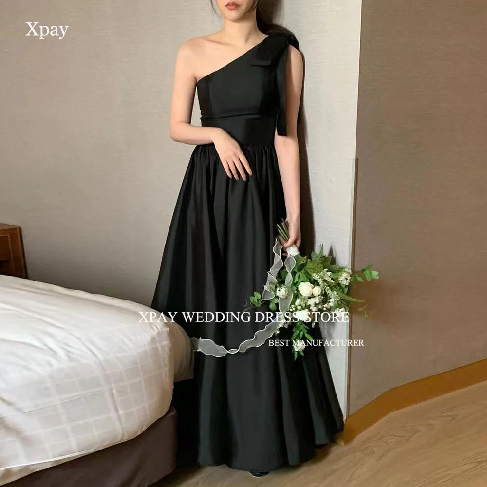 

XPAY Black A-line Korea Evening Dresses One-Shoulder Wedding Shooting Dress Custom Made Pleats Simple Elegant Prom Party Gown