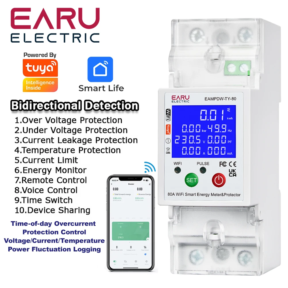 

Tuya Smart WiFi Circuit Breaker Switch PV Bi-Directional Energy Meter Timer Measuring Earth Leakage Over Under Voltage Protector