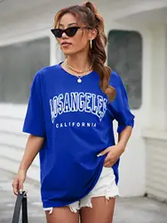 EUA das mulheres Cidade Estampa Camisetas de Algodão, Vintage Street Tshirt, Solto Casual Azul Tops, Qualidade Vestuário, Los Angeles, Califórnia