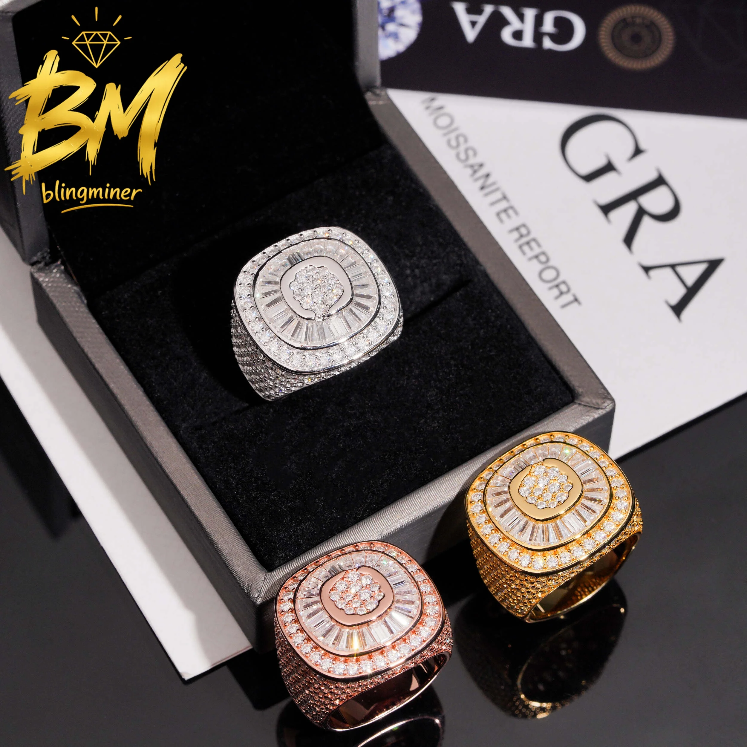 Blingminer Iced Out Baguette  VVS Moissanite Rings For Men Women S925 Silver Finger Jewelry Pass Diamonds Tester GRA Free Shippi