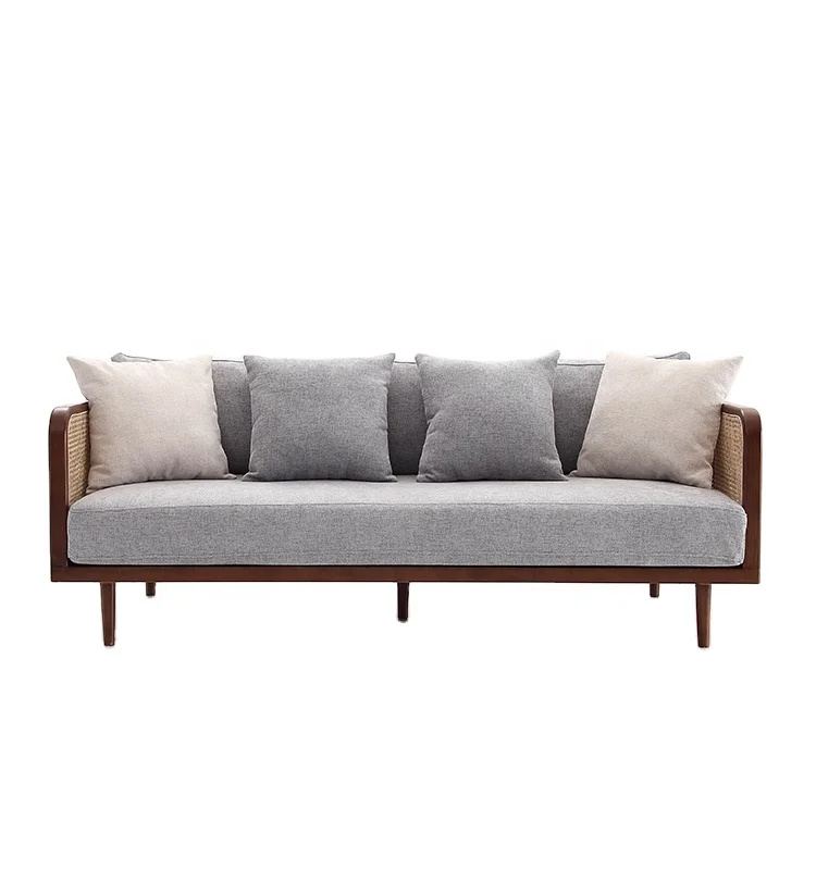 Luxury Nordic Modern Vintage Living Togosofa Room Furniture Natural Rattan Webbing Wicker Cane Ash Wood 3 Seater Sofa