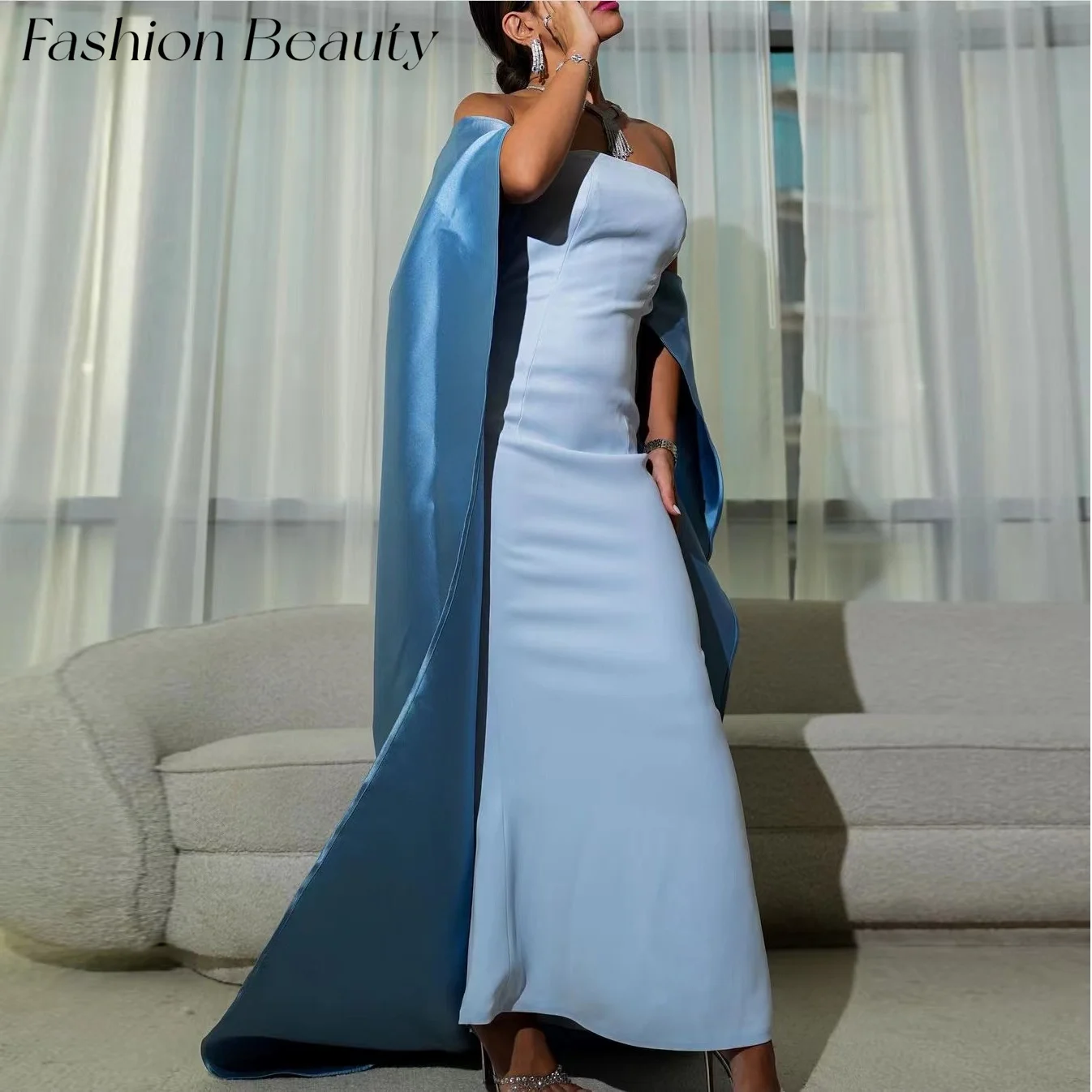 

Fashion Beauty Light Blue Satin Evening Dresses Strapless Cape Floor-Length Formal Party Dress For Women 2024 vestidos de gala