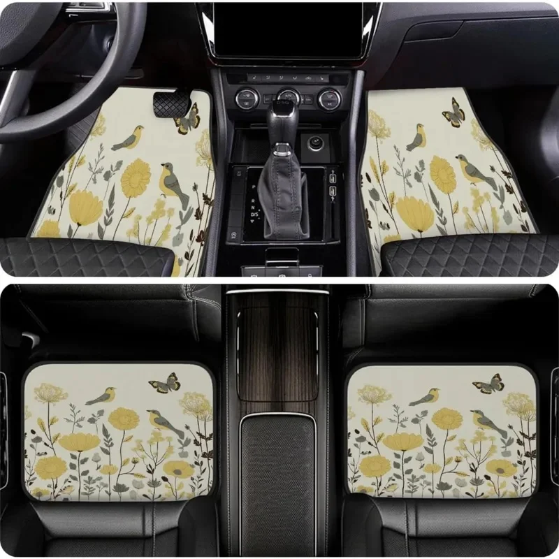 Car Floor Mats Non Slip Vehicle Front Rear Carpet Rugs Waterproof Universal Fit For SUV Van Truck Sedans, Retro Yellow Wildflowe