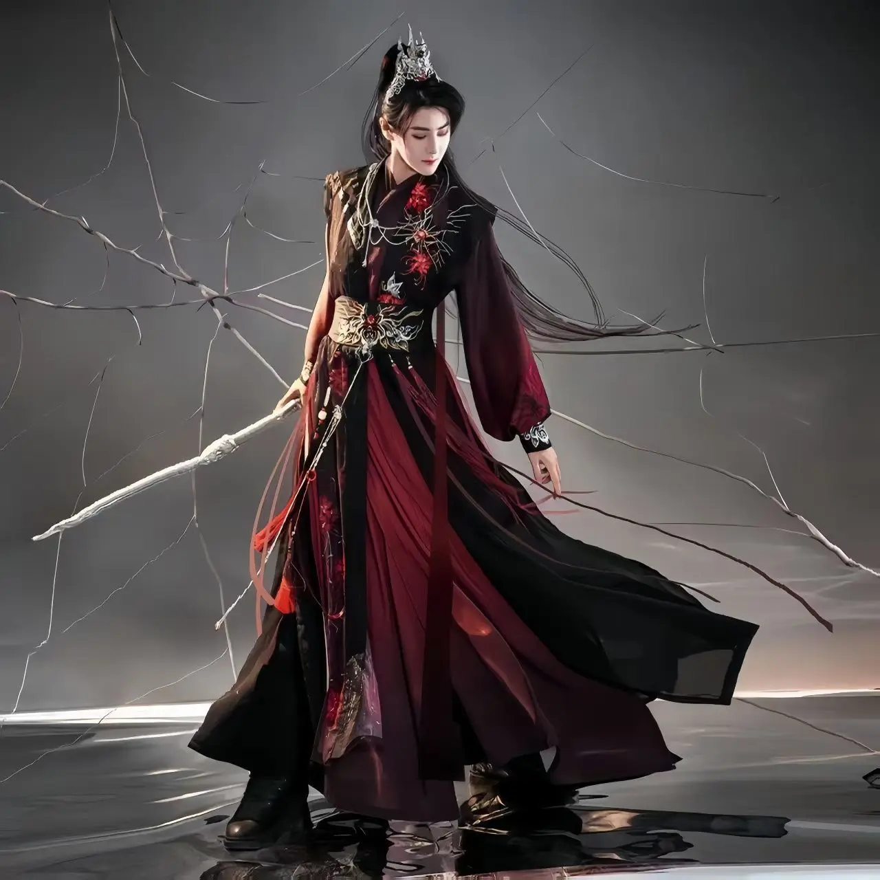 

Chinese Style Clothes Hanfu Full Set For Men And Women Ancient Song Dynasty Style Cross-Collar Long Robe With Spider Lily