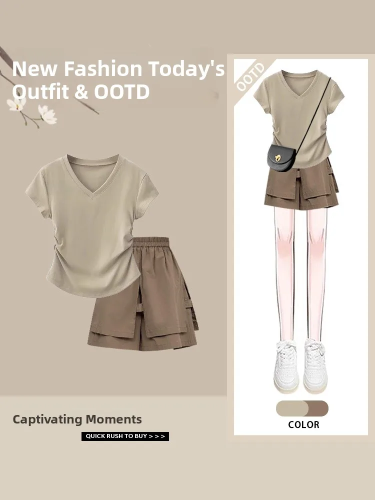 

Faionable Summer Outfit V-Ne ort Sve Комплект футболок с высокой талией, брюки из полиэстера, повседневный костюм для молодых женщин