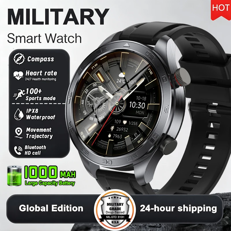 Montre connectée militaire pour hommes, avec suivi GPS, écran AMOLED, fréquence cardiaque, sport, fitness, boussole, étanche IPX8, appel Bluetooth
