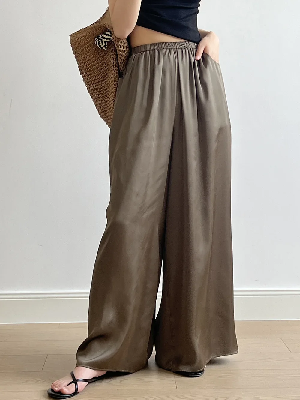 2024 Summer New Women's High Waist Wide Leg Drop Pants Casual Loose Straight Satin Long Trousers Korean Style 9757